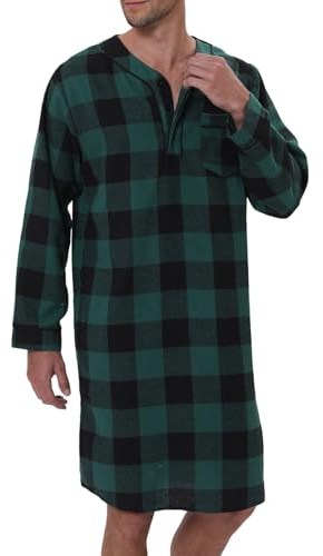 Générique Pyjama Chemise de Nuit Homme Manches Longues Flanelle mélangée imprimé écossais avec Poches Confortables d'intérieur vêtement Chaud literie Nuit Chaude (Green, M)