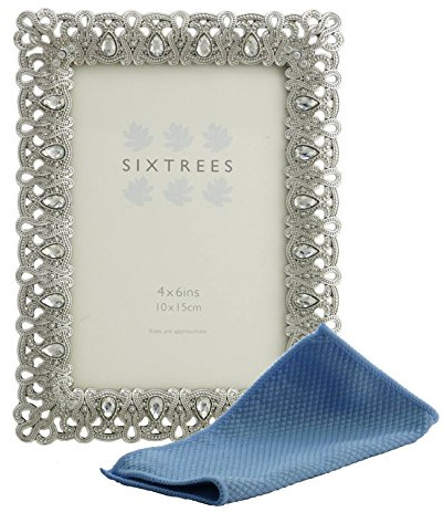 Sixtrees Antique Vintage and Shabby Chic Style silver metal photo frame with beads and crystals for a 4 x 6 inch (152mm x 102mm) picture. Diana Complete with Microfibre Cleaning cloth.