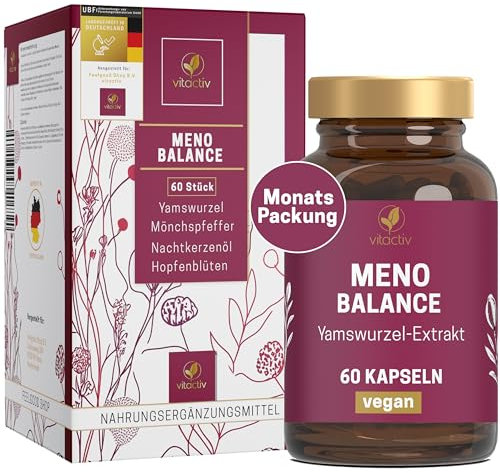VITACTIV MenoBalance - Wechseljahre Pflanzlich - Nachtkerzenöl, Yamswurzel, Hopfen, Mönchspfeffer plus B Vitamine - Gegen Symptome - Hormonfrei & Vegan - 60 Menopause Kapseln