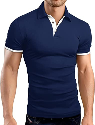 KUYIGO Men's Short Sleeve Polo Shirts Casual Slim Fit Basic Designed Cotton Shirt Medium Navy