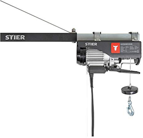 STIER Elektrischer Seilzug, Tragkraft 250 kg, Leistung 500 W, Hebehöhe bis 12 m, inkl. Befestigungsbügel, einfache Montage, Sicherheit durch Not-Aus-Schalter