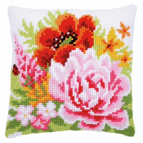 Vervaco Kreuzstich Stickpackungen Kissen Stickerei Set Anfänger Vorgedruckt Blumen DIY Set Kreativ Set Für Erwachsene Dekoratives Kissen ca. 40 x 40 cm Bastelset Handwerker Haus Dekoration