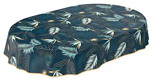 ANRO Bordsduk, avtorkningsbar vaxduk, vaxad bordsduk, blad guld blå, oval, 180 x 140 cm med invikt fåll