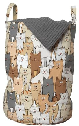 ABAKUHAUS Kätzchen Wäschesack, Gruppe glückliche Katzen-Muster, Wäschekorb mit Griffen Kordelzugverschluss für Waschsalons, 33 cm breit x 49 cm hoch, Koksgraue Mehrfarbig