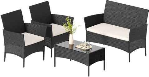 Bigzzia Juego de Muebles de Jardín de Ratán, 4 Piezas, Muebles de Ratán para Patio, Sofá de Tejido de Mimbre Incluye 2 Sillones, 1 Sofá de Doble Asiento y 1 Mesa