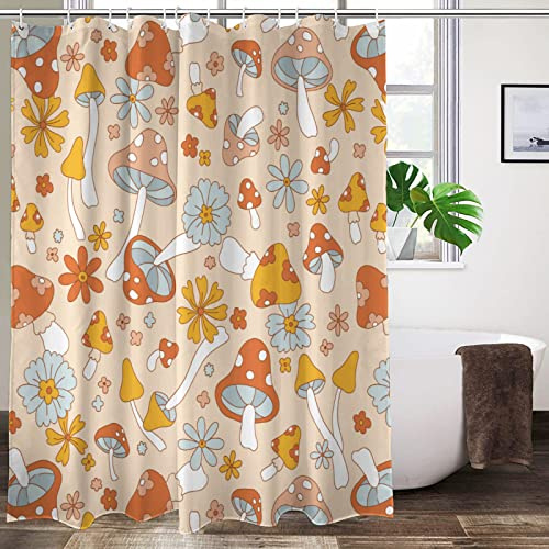 Lovetar Retro 70er 60er Jahre Hippie Pilz Duschvorhang Funky Vintage Niedlich Blumen Boho Blumen Waschbar Wasserdicht Stoff Bad Vorhänge Set für Badezimmer Dekor Kunst mit 12 Haken – 183 x 183 cm