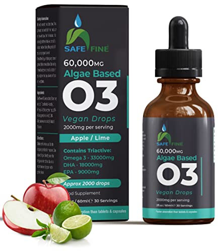 SafeFine Omega 3 Liquid Vegan Drops - DHA from Algae Oil - 60 ml Dropper Bottle - 2000 mg per Serving Plant Based Algae Source Supports Heart Brain & Eyes