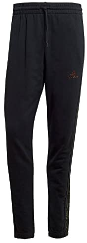 adidas Men's Essentials French Terry Tapered Elastic Cuff 3-Stripes Pants, Black/Olive strata, M
