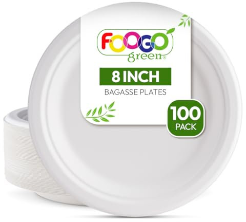 FOOGO Green 100pcs Disposable Sugarcane Bagasse Plates, 8 inch (20 cm), Medium Round Strong Paper Plates, Eco Friendly Biodegradable Compostable, for Picnic, Parties