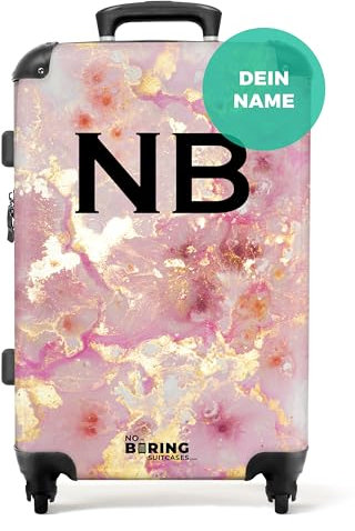NoBoringSuitcases.com® Koffer personalisiert, 67x43x25cm - Koffer Groß - Koffer Hartschale Groß, Hartschalenkoffer Mittelgroß - Rosa Marmor mit Gold - Leicht - Koffer mit Namen Initialen