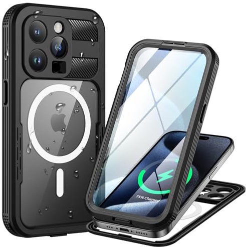 Lanhiem für iPhone 15 Pro Hülle IP68 Wasserdicht 360 Grad Outdoor Stoßfest | Schwarz,Wasserfest Schutzhülle,Waterproof,Handyhülle mit Displayschutz,Komplett Panzerhülle,Kompatibel mit Magsafe,Baustelle
