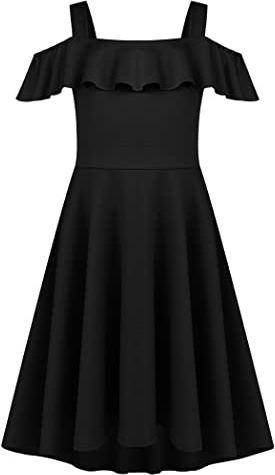 Arshiner Abito con Bretelle per Ragazze Estivo Casual Vestito per Bambini Maniche con Volant Festa Sera Linea A Abito di Halloween Casual con Tasca Nero 8-9 Anni