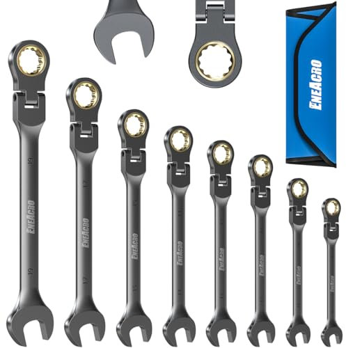 ENEACRO Jeu de clé plate à cliquet, Jeu de clés à tête flexible antidérapante 8 pièces, métrique 8-19mm, 72 dents, Chrome Vanadium, nickelé avec Sac de Rangement