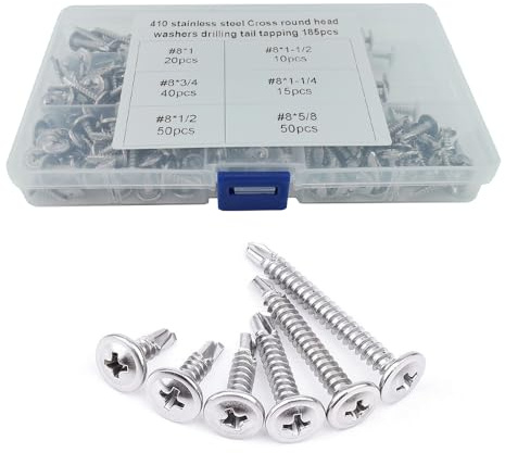 HYSHLC Selbstschneidende Schrauben Set, 185 Stück Selbstschneidende Kreuzkopf Bohrschrauben 410 Edelstahl Selbstschneidend Blechschrauben 4.2 x 13mm/ 16mm / 19mm / 25mm / 32mm / 38mm (Kreuzkopf)