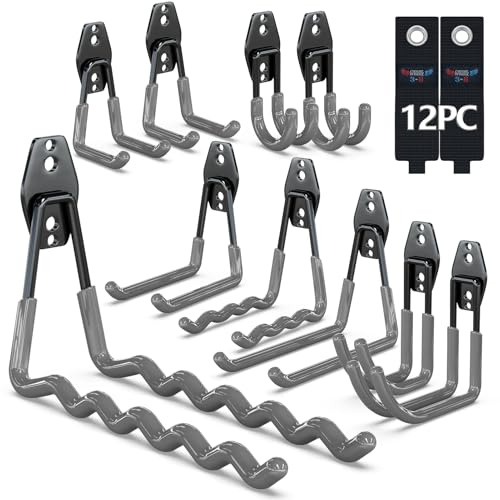 3-H Heavy Duty Garage Hooks 12 Pack, Utility All-Steel Storage Hooks with Anti-Slip Coating, Wall Mount Hooks for Hanging Ladders, Lawn Mower, Hose, Garden Tools (Grey)