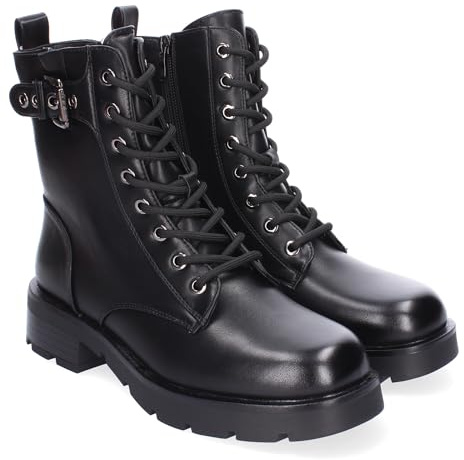 86697 Botines de Tacon para Mujer, Comodos y Elegantes, Detalle de Hebilla, con Suela Dentada, Punta Redonda, Cierre de Cordones y Cremallera Lateral, Ideales para Otono-Invierno. Negro Talla 41