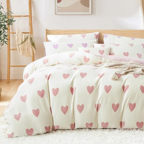 Covebett Flanelle Housse de Couette 200x200 Cœur Rose et Blanc Amour Hiver Chaude Parure de lit Polaire Peluche Réversible Linge de Lit Adulte 2 Personnes Fermeture Éclair + 2 Taie d'oreiller 65x65