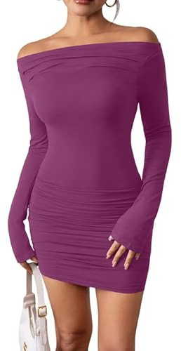 HaibangVestito Donna Elegante Maniche Lunghe Sexy Mini Abito da Sera Vestito Corto con Spalle Scoperte Casual Tubino Bodycon Dress Aderente Vestiti de Discoteca Cerimonia Cocktail Party Ballo Festa