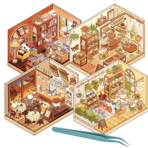 4 Set DIY 3D House Stickers, Cute Stickers DIY Scene Stickers Make Your Own Katzencafé, Buchhandlung, Bäckerei, sonniger Garten Miniatur Szenen Aufkleber Mit Tweezer Geschenk für Kinder