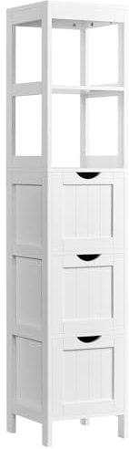 Yaheetech Armario de Baño Mueble con 2 Estantes Abiertos y 3 Cajones 30x30x142 cm para Baño Salón Cocina Blanco