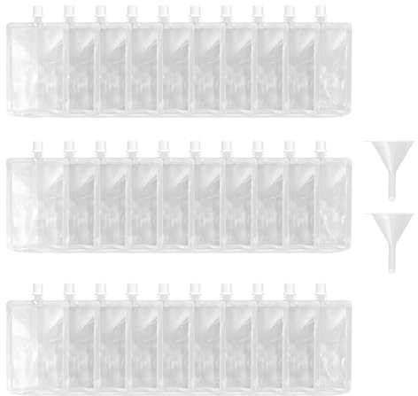 MEGAROOM 30Pcs Clear Drink Pouches 380ml with Caps and Funnel, Leak Proof Alcohol Juice Liquid Pouches Bags, Beverage Bags, Plastic Hip Flask for Festival, Parties, Picnic, Travel