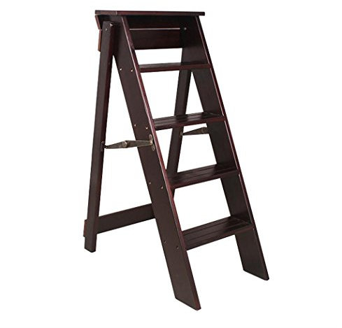 Wooden Folding Step Stool Ladder 5 Steps for Adults Black Walnut Color Portable and Sturdy