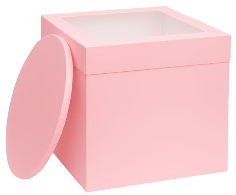 The Baked Studio - 12mm Thick Round Pink Mid Sheen Cake Drum and Tall Box With Window (12 Inch)