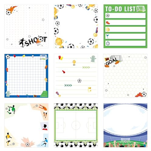 MWOOT 9 Stück Lustige Fußball Haftnotizen Set, 7.6 x 7.6 cm Niedliche Fußball Thema Selbstklebende Notizblöcke Haftnotizen, Geschenk für Fußballfans, Klebezettel Sticky Notes für Schule Büro