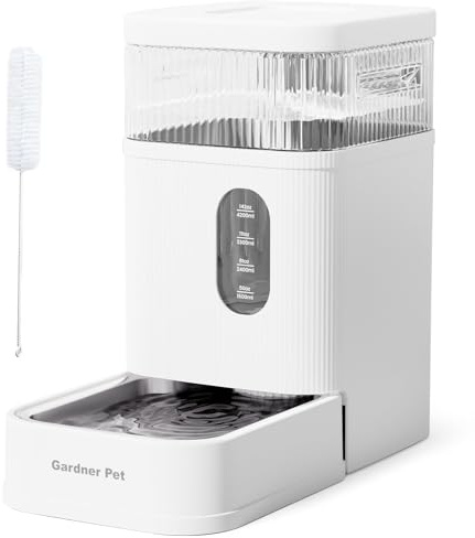 Gardner Pet 8.5L Distributeur Eau Chat Automatique, Gamelle Chat Automatique par Gravité, Distributeur Eau Chien avec Gamelle en Acier Inoxydable, Pas d'électricité, sans BPA - Blanc