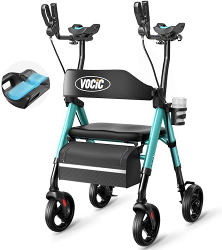 VOCIC Walkers for Seniors, Upright Walker with Adjustable Armrests, Z22 GelCool Stand Up Walker with Ergo Seat & Backrest, 8 All Terrain Rollator with 300lb,Cup& Cane Holder