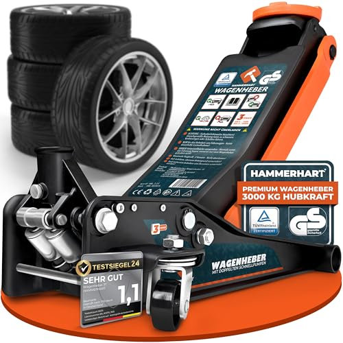 HAMMERHART - Hydraulischer Wagenheber 3T | Premium Rangierwagenheber TÜV geprüft mit 75-500mm Hubhöhe | Wagenheber flach mit 360° Rollen & Doppelkolben | Carjackers mit Gummiauflage und T-Griff