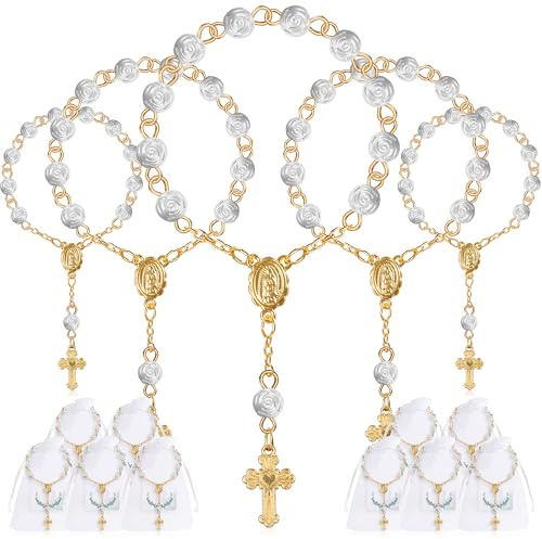 Fyshird 15 Stück Rosenkranz Katholisch mit Kreuz Anhänger Armband Glücksbringer Gastgeschenke für Taufe Kommunion Konfirmation Hochzeit Auto Party (Gold)