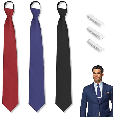 PYSEOSISE Corbatas de Hombre, 3 Piezas Corbatas con Cremallera Ajustable, Corbata Negra Corbatas Preatadas y 3 Piezas Clips de Corbata para Business Fiesta Boda