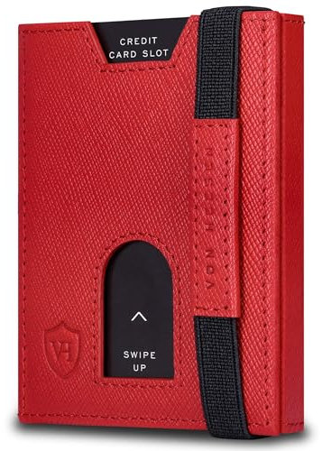 VON HEESEN Slim Wallet mit Münzfach & RFID-Schutz - Leder Geldbeutel - Mini Geldbörse für Herren und Damen - Kartenetui Echtleder Karten Portemonnaie klein - Kreditkartenetui Rot Saffiano