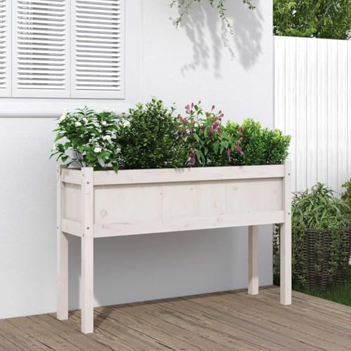 HaoChrymec Macetero Blanco con Patas, Madera Maciza de Pino, Diseño Rústico, Ideal para Jardineras de Exterior, Huerto Urbano, Macetas para Balcones, 110x31x70 cm
