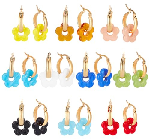 WADORN 10 paire Boucles D'Oreilles Créoles de Fleur en Verre Soufflé Boucles D'Oreilles de Marguerite 10 couleur en Vrac à Breloques Pendantes Créoles Bijoux Cadeaux pour Fête Mariage Anniversaire