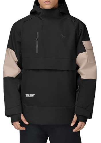 HOTIAN Herren Skijacke Warm Winterjacke Wasserdicht Atmungsaktiv Snowboardjacke Winddicht Funktionsjacke mit Abnehmbarer Kapuze Black XL