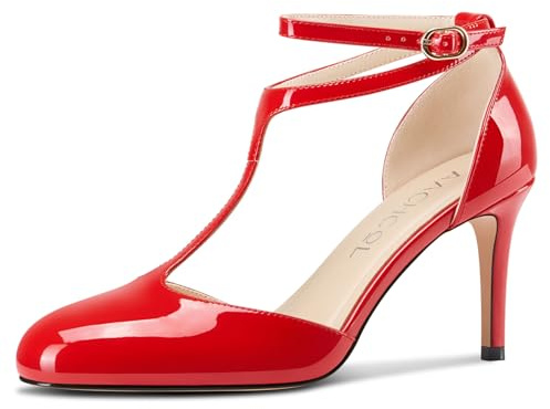 Aachcol Womens Round Toe T-Strap Stiletto High Heel Ankle Strap Mary Jane Pumps Court Shoe Office Party Dress Shoes 8 CM Heels