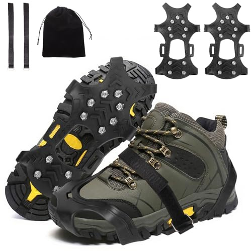 Steigeisen, Spikes für Schuhe Winter, Schuhspikes mit 11 Edelstahl Anti-Rutsch Zähne Spike, für Bergschuhe, Eisfischen, Eisklettern, Trekking, Winter Outdoor (L)