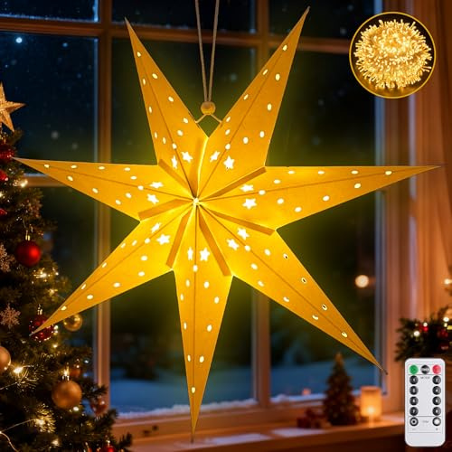 Papiersterne zum Aufhängen,45cm LED Papierstern Beleuchtet zum Aufhängen,Weihnachten mit Timer und 8 Beleuchtungsmodi,Weihnachtsstern Beleuchtet,Papierstern Weihnachten,Sterne Papier zum Fensterdeko