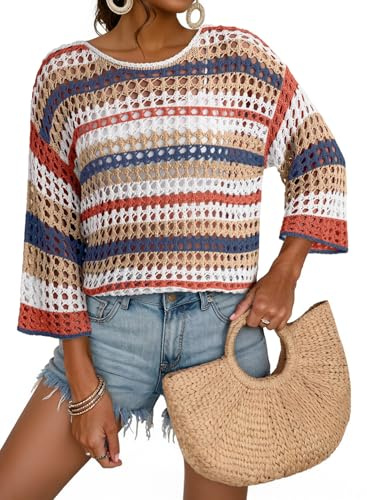 Dokotoo Summer Tops for Women Crochet Knitted Hollow Out Off The Shoulder Sweater Striped Color Block 3/4 Sleeve Casual Loose Shirts Fashion Cruise Outfits Beach Vacation Clothes 2026 Beige Small