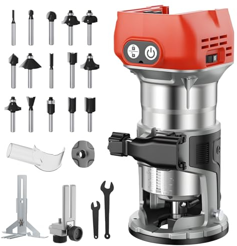 Cordless Compact Router Compatible with Milwaukee 18V Battery (Bare Tool), 800W Brushless Palm Router with 6 Variable Speeds (12,000–30,000 RPM), Trim Router Kit with Bits & Edge Guide for Woodworking