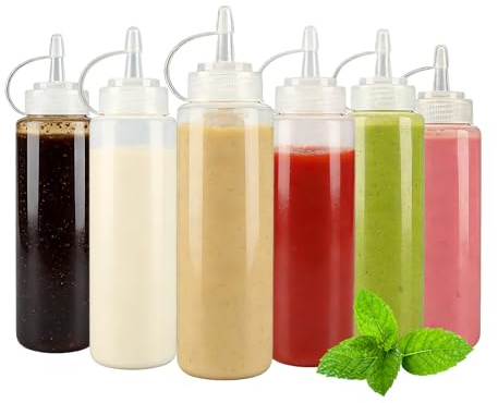 KHstylehoo 6 bottiglie da spremere, bottiglia da 240 ml, bottiglia dosatrice da 8 oz con tappo, bottiglia dosatrice per salsa, bottiglia a spruzzo, bottiglia per spezie, ketchup, senape, mayo, olio
