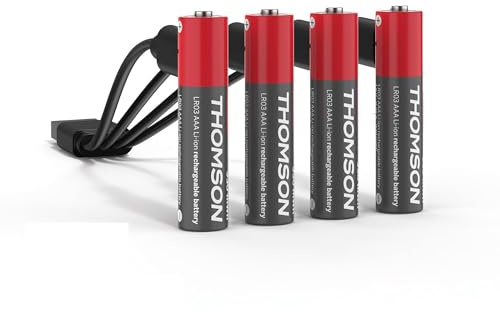 THOMSON Power+ Lot de 4 Piles AAA LR03 Lithium Rechargeables USB-C 1.5V | Format AAA LR03, Lithium-ion, Charge directe USB-C, 930 mWh, Tension stable 1,5V, Pack de 4, Câble inclus, Multi-usages