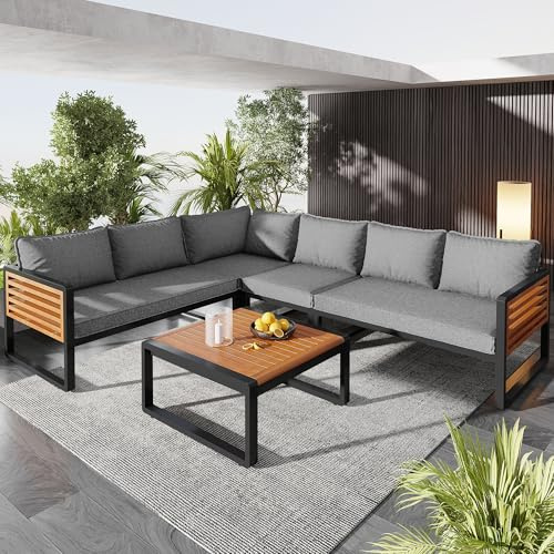 Dolamaní Garten Lounge Set für 5 Personen, Essgruppe Möbel Set Ecksofa mit mit Esstisch aus Massivholz, Gartensofa, verstellbare Beine, alle Sitz- und Rückenkissen inklusive (Grau E)