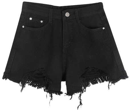 Korta sommarjeans för dam - korta byxor eleganta push-up-shorts med hög midja slitna jorts i detalj med korta fransar hotpants kurviga passform stretch byxor mode byxor och ben, Svart, L