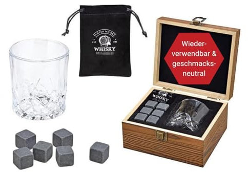 WOMA Whisky Steine Set I 6 Kühlwürfel aus Basalt inkl. Whiskey Glas & hochwertiger Holzbox I Wiederverwendbare Eiswürfel für Whiskey Wodka Gin Rum Tequila & Cocktails
