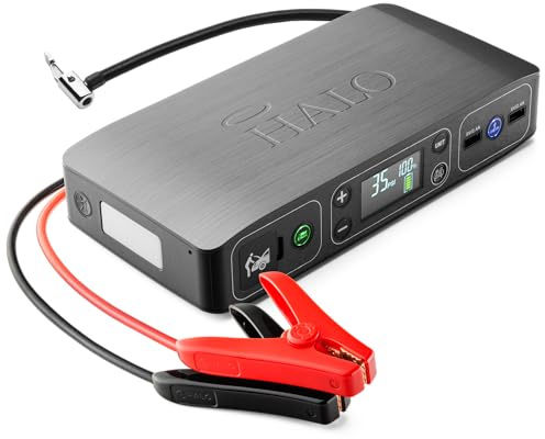 HALO Bolt Air 58830 Portable Car Battery Jump Starter | 100 PSI Air Compressor, 58.8Wh USB Power Bank, Emergency Floodlight & Charger, Jumps Cars SUVs & Trucks, Inflates Tires, TSA Approved — Gray