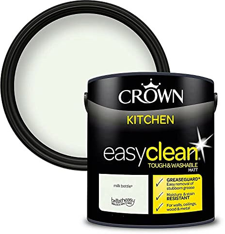 Crown Easyclean Emulsionsfarbe für verschiedene Oberflächen, matt, mit Fettschutzfolie, für Wände, Decken, Holz und Metall, flecken- und scheuerresistente Formel – Milchflasche
