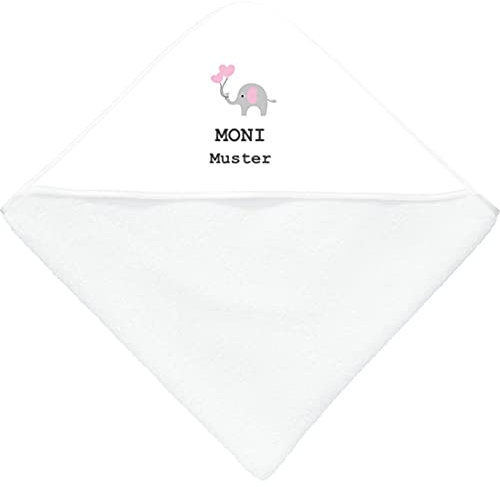 Manutextur Kapuzenbadetuch mit Namen - personalisiert - Motiv Elefant rosa 2 - viele Motive - Kapuzenbadetuch- weiß - Größe 100x100 cm - persönliches Geschenk mit Wunsch-Motiv und Wunsch-Name